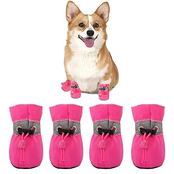 COYUN 4 x Dog Shoes, Dog Boots, Paw Protection, Non-Slip Dog Boots, Dog Shoes with Reflective Straps, Dog Shoes, Paw Protection, Adjustable, Paw Protectors for Small Dogs, Rose Red