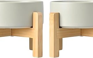 SPUNKYJUNKY Ceramic Raised Dog Bowl Set with Bamboo Stand for Cats and Dogs (850 ml, Grey)