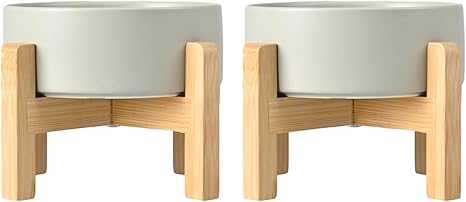 SPUNKYJUNKY Ceramic Raised Dog Bowl Set with Bamboo Stand for Cats and Dogs (850 ml, Grey)