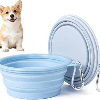 Foldable Travel Bowls, Silicone Water Bowl for Dogs, Pack of 2 Macaroon Colours, Portable Dog Food Bowl, Dog Travel, Hiking and Camping (Blue + Grey, 350 ml)