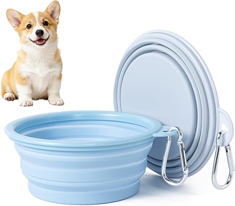 Foldable Travel Bowls, Silicone Water Bowl for Dogs, Pack of 2 Macaroon Colours, Portable Dog Food Bowl, Dog Travel, Hiking and Camping (Blue + Grey, 350 ml)