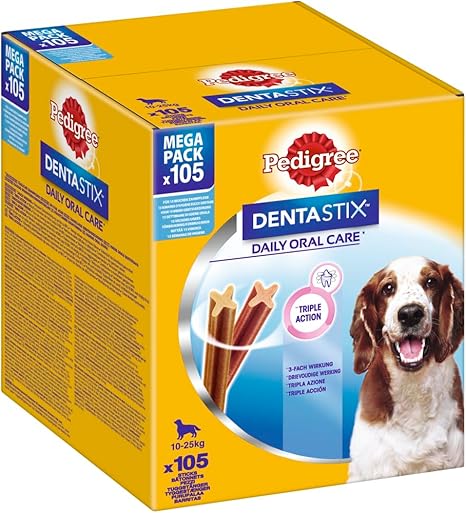 Pedigree DENTASTIX Daily Oral Care Cardboard Multipack Mega Pack 10-25 kg 105 Pieces (15 x 7 Pieces), Dental Care, Treats, Dog Snack