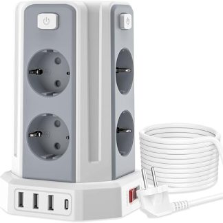 Sameriver Power Strip with 4 USB, 8 Outlet Multiple Socket, Surge Protection, Power Strip with Switch, 2 m Extension Cable, Socket Tower, Multiple Plug for Home, Office