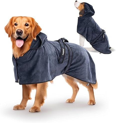 FLUFFINO Dog Bathrobe Dark Blue Size M | Soft, Absorbent, Washable, Quick Drying | Pet Towel + Velcro | Bath Towel for Medium Dogs | Pet Accessories
