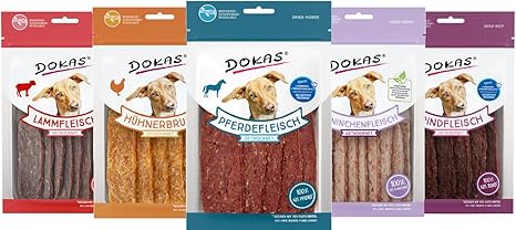 Dokas Premium Mix Dog Snack Bundle, 5 Varieties, 1 x Horse, Beef, Chicken, Rabbit, Lamb, Gently Dried & No Additives, Grain-Free, High Meat Content