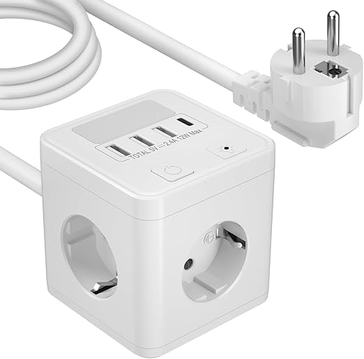 Socket Cube with USB C, Power Strip 4-Way with USB C and 3USBA, Surge Protection, Multiple Socket Cube with Night Light, Multiple Plug with Switch for Home, Office, 1.5 m Cable, White