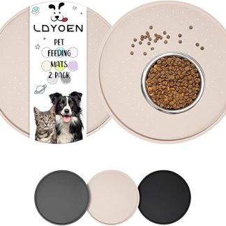 LDYOEN Pack of 2 Bowl Mat for Dogs Cats, Dog Bowl Mat, Cat Bowl Mat Made of Silicone, Dog Cat Feeding Mat, Waterproof and Non-Slip Feeding Bowl with Rim, 30 x 30 cm, Beige
