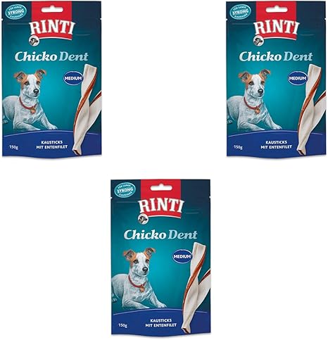 Rinti Extra Chicko Dent Medium Chew Sticks with Duck Fillet, Pack of 3, 3 x 150 g, Supplementary Feed for Dogs, Chew Strips for Dental Care, Bite Resistant Cattle Skin
