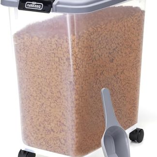 Nobleza - Pet Food Container, 40 L, for Pets, Food Box with Wheels, Hinged Lid, Airtight, Transparent, Wheels and Scoop, for Dogs and Cats, Grey
