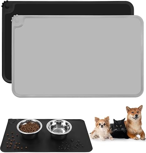 Set of 2 Bowl Mat for Dogs, Cats, Waterproof and Non-Slip Silicone Feeding Mat, Feeding Mat, Non-Slip Pet Feeding Mat, Placemats per Animali (Black and Grey, 48 x 30 cm)