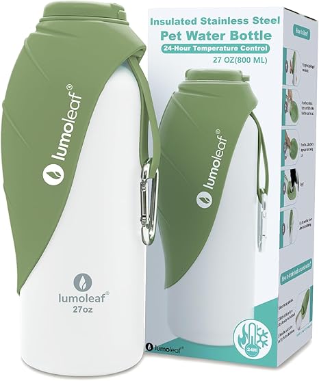 LumoLeaf Insulated Stainless Steel Dog Water Bottle 800ml - Keeps Water Cool or Warm for Hours Durable & Portable for Travel, Wide Mouth for Easy Filling & Cleaning (Green, 800ml)