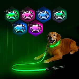 PZRLit Multicoloured 1.2 m LED Dog Lead - Luminous & Reflective, 7 Modes Glow in the Dark, Double-Sided USB-C Rechargeable with Battery Indicator, Waterproof for Small, Medium, Large Dogs, Night