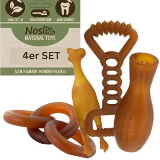 Nosli Natural Toys Dog Toy Set • 100% Natural Rubber • Dental Care & Chew Toy • Robust Throw & Tug Toys for Small & Large Dogs • Intelligence & Fitness Toy - 4 Pieces