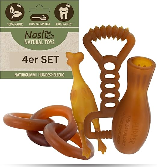 Nosli Natural Toys Dog Toy Set • 100% Natural Rubber • Dental Care & Chew Toy • Robust Throw & Tug Toys for Small & Large Dogs • Intelligence & Fitness Toy - 4 Pieces