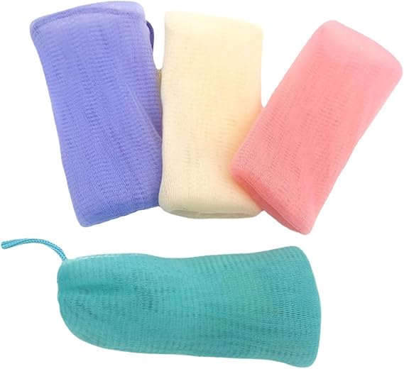 SOIMISS Pack of 4 Soap Bags Made of Mesh Material Soap Saving Bag with Drawstring for Shower Facial Cleansing Quick Drying Colourful for Storage of Solid Soap and Foam Formation