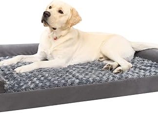 KSIIA Orthopaedic Dog Bed for Large Dogs, 105 x 70 x 18 cm, Dog Sofa Cover Removable Washable, XL Dog Couch with Three Raised Edges, Non-Slip Underside, Convoluted Foam Dog Basket, Grey