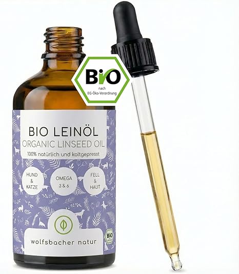 Wolfsbacher Natur Organic Linseed Oil - High Quality Linseed Oil for Dogs and Cats, Cold Pressed from Germany, DE-ÖKO-060, Linseed Oil 100 ml