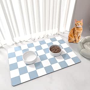 BLESWIN Cat Food Mat - 51 x 30.5 cm Cat Dog Mats for Food and Water Bowl, Non-Slip Under Pet Bowls Mats for Messy Drinkers, Blue & White