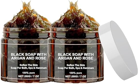 Black Shower Soap, Argan and Rose Black Soap, Moroccan Exfoliating Soap for All Skin Types, All Natural, Cleansing, Exfoliating