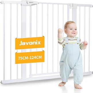 Javonix Stair Gate No Drilling Required, Extra High 92 cm Height, 75-124 cm Width, Baby Door Gate with 3 Extensions and 2 Y-Spindles, for Children, Dogs and Cats, Auto-Close & 90° Stop, White