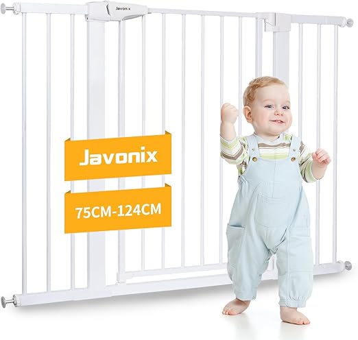 Javonix Stair Gate No Drilling Required, Extra High 92 cm Height, 75-124 cm Width, Baby Door Gate with 3 Extensions and 2 Y-Spindles, for Children, Dogs and Cats, Auto-Close & 90° Stop, White