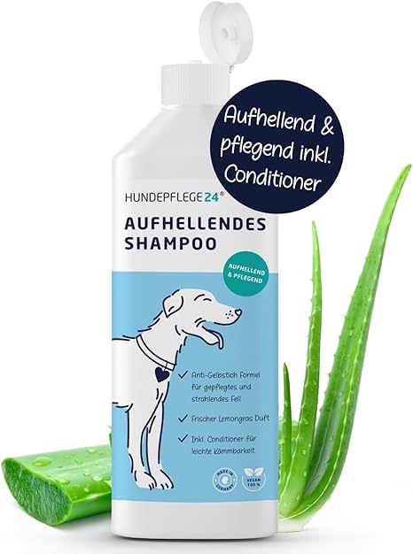Hundepflege24 Dog Shampoo White Fur - Brightening & Nourishing - Anti-Yellow Tint Formula for Strong, Nourished, Radiant Coat - With Nourishing Conditioner for Easy Combing - 500 ml