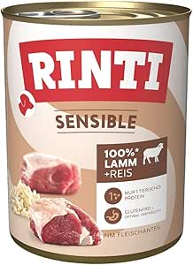 RINTI - Sensitive Wet Food for Sensitive Adult Dogs with Natural Meat Pieces Grain Free Complete Food in a Tin without Artificial Additives 6 x 800 g Lamb + Rice