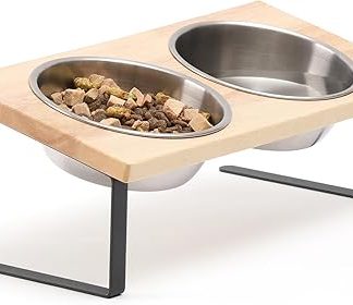 FUKUAMRU Raised Cat Bowl, Non-Slip Food Grade Stainless Steel & Rubber Wood, 15° Tilt Feeding Station for Cats and Dogs, Bowl Set