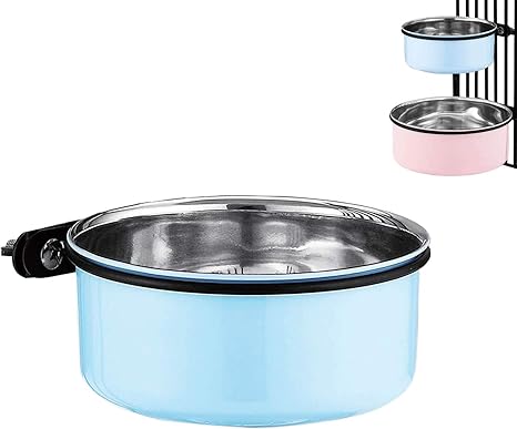 Dog Cage Water Bowl, 2 in 1 Hanging Food Bowl, Stainless Steel Cage, Dog Bowl, Medium, Blue, 1.7L/1 Piece