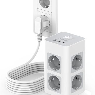 TESSAN 8-Way Multiple Socket with USB C, 5 m Extension Cable, Power Strip Surge Protection, 3 USB Multiple Plugs, Distribution Socket with Switch, 3600 W Socket Tower