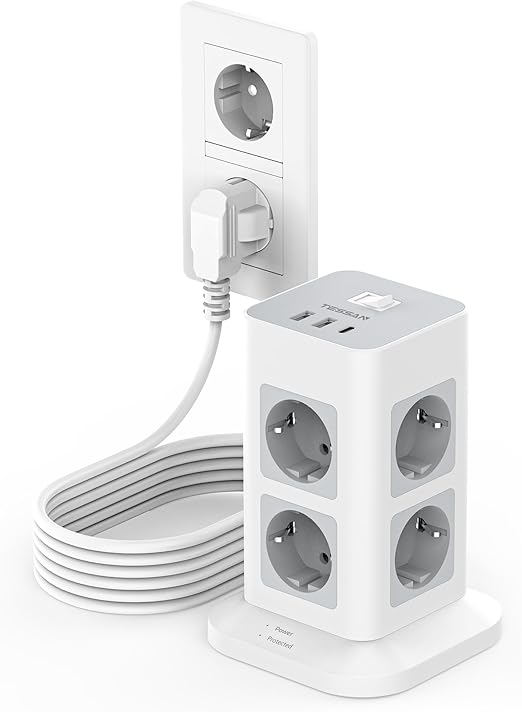 TESSAN 8-Way Multiple Socket with USB C, 5 m Extension Cable, Power Strip Surge Protection, 3 USB Multiple Plugs, Distribution Socket with Switch, 3600 W Socket Tower