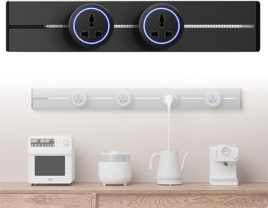 ZHZWwansuGE 8000 W Rail Socket, Universal Three-Hole Socket, LED Ambient Lighting, Rotating Automatic Shut-Off, Drill-Free Assembly, for Kitchens and Offices, Black, 40 cm