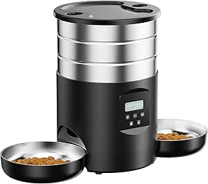 Automatic Cat Feeder, 2 Bowls, Cat Food, Automatic, Stainless Steel Feeder, Cat Feeder, Programmable Timer, 5 L Dog Feeder, Dry Food Dispenser, Two Power Sources, for Small/Medium Pets