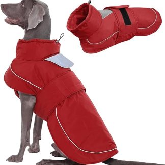 Kuoser Dog Coat, Dog Jacket, Warm Dog Jacket for Large Dogs, Waterproof, with Reflective Stripes and Lead Opening, Easy to Put on with Fastening, Red, 2XL