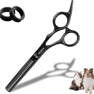 Professional Thinning Scissors for Dogs, Fur Scissors for Dogs and Cats, Safety Round Tip Grooming Scissors, Black Titanium Stainless Steel Fur Scissors with Adjustable Screw 28 Teeth