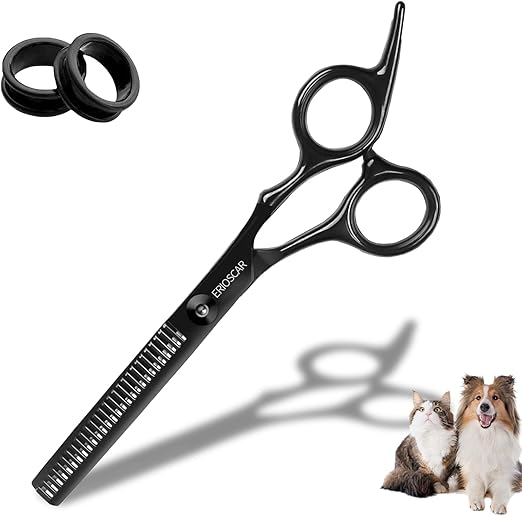 Professional Thinning Scissors for Dogs, Fur Scissors for Dogs and Cats, Safety Round Tip Grooming Scissors, Black Titanium Stainless Steel Fur Scissors with Adjustable Screw 28 Teeth