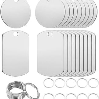 Yuaiosn Pack of 20 Stainless Steel Blank Pendants, Blanks Dog Tags Punching, Round Stamping Blanks with Split Ring Blanks Dog Tags Key Ring Blanks with 20 Key Rings for DIY
