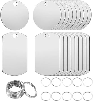 Yuaiosn Pack of 20 Stainless Steel Blank Pendants, Blanks Dog Tags Punching, Round Stamping Blanks with Split Ring Blanks Dog Tags Key Ring Blanks with 20 Key Rings for DIY