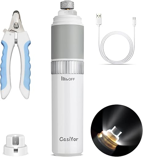 Casifor Nail Grinder, Nail Cutter with LED Light, 40 dB Super Quiet Noise Nail Grinder for Small, Medium and Large Dogs and Cats with Dust Extractor, 2000 mA (White)