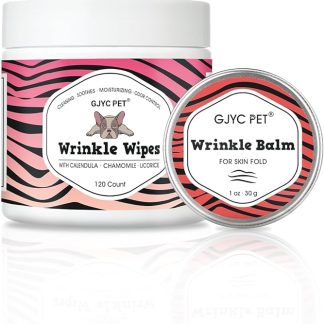 GJYC PET Wrinkle Grooming Kit for Bulldogs & Pug - Cleaning Wipes & Balm for Skin Wrinkles, Tear Stains, Tail Bags & Paw Care - Gentle Care for Sensitive Dog Skin