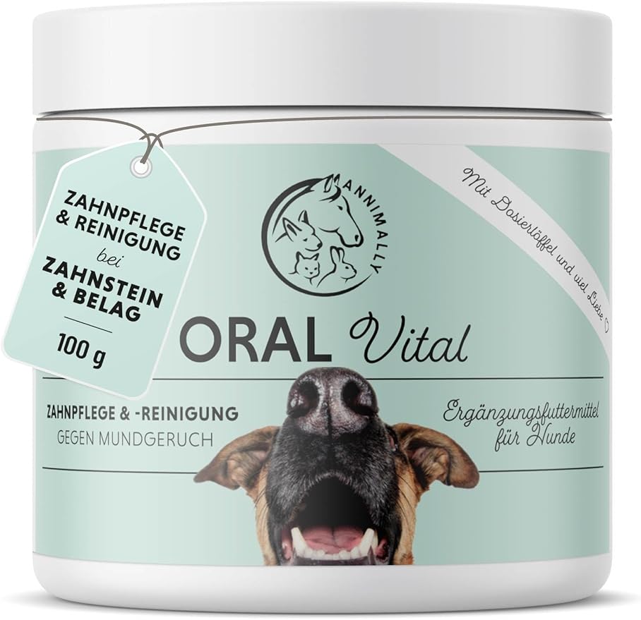 Annimally Dental Care Powder for Dogs, Remedy Against Tartar in Dogs, Natural Very Effective Teeth Cleaning for Yellow Teeth, Bad Breath and Plaque
