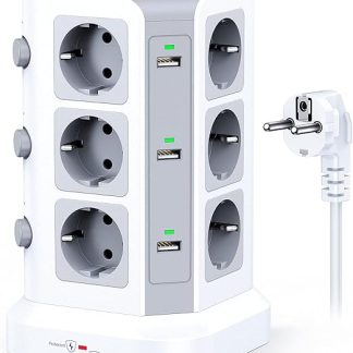 KOOSLA 12-Way Power Strip (4000 W/16 A), 6 USB Multiple Sockets with Surge Protection, Individually Switchable Socket Tower for Office, Kitchen, Table, 2 m Cable, White
