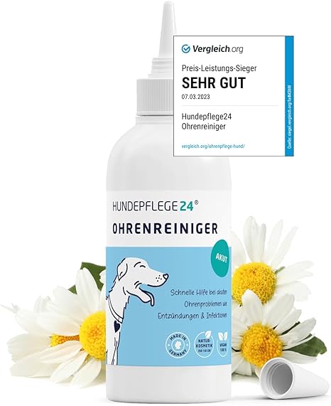 Hundepflege24 Ear Cleaner for Dogs Acute - Extra Strong Dog Ear Cleaner for Inflammation & Infections - Natural Ear Drops for Dogs with Piroctone Olamine, Chamomile & Aloe Vera 250 ml