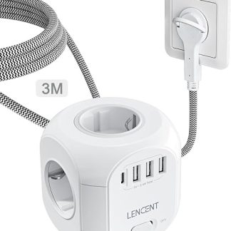 LENCENT 4-Way Socket Strip, Flat Plug, Socket Cube, 8-in-1 Power Strip, with 3 USB A and 1 USB C Port, 3-Metre Braided Cable, for Wall Socket