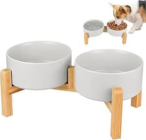 Set of 2 Ceramic Dog Bowls, Raised Dog Bowls, 850 ml Double Feeding Bowl Dog with Bamboo Stand, for Small and Medium Dogs, Non-Slip Feeding Station, Dog Feeding Bowl and Water Bowl