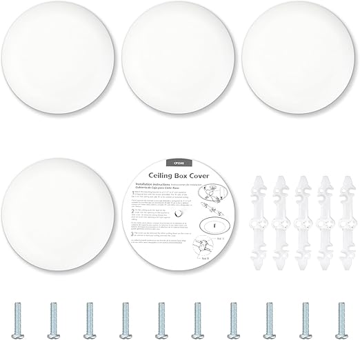 CP3540 Ceiling Cover Plate, Diameter 13.6 cm, High-Quality Round Control Box Cover, Plastic, Paintable Blank Plate with Mounting Brackets, Screws, Hidden Ugly Hole (White) Pack of 5