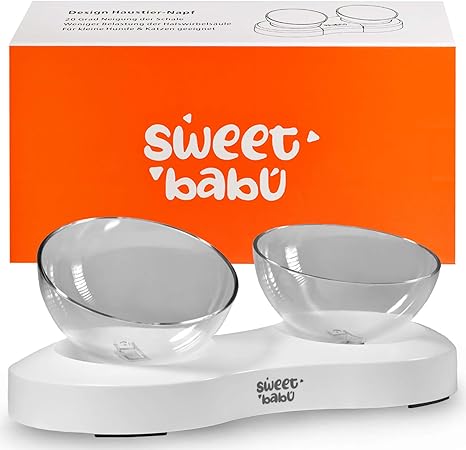 SweetBabú Premium Double Cat Bowl, Non-Slip Feeding Station for Cats and Small Dogs, Tilting Feeding Bowl, Protects the Spine, Dishwasher-Safe