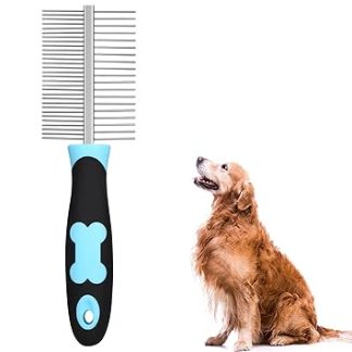 Dog Comb, Cat Comb with Double-Sided Metal Rounded Teeth, Stainless Steel Pet Grooming Comb Brush Against Fleas Undercoat, Fur Comb for Pets with Short, Medium/Long Hair (Blue)