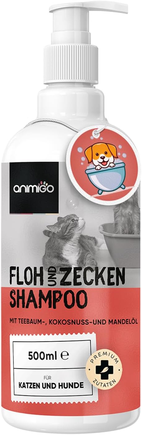 animigo Flea Shampoo Dog & Cats 500 ml - Flea Remedy with Tea Tree Oil - Against Ticks, Fleas & Itching - Alternative to Flea Spray, Tick Collar, Flea Comb - With Coconut Oil, Almond Oil - Natural