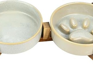 Ceramic Dog Bowl Set with Feet, Dog Bowl Ceramic Raised with Non-Slip Stand, Slow Feeding Bowl, Cute Paw Design for Small and Medium Dogs, Set of 2 Dog Feeding Bowl and Water Bowl